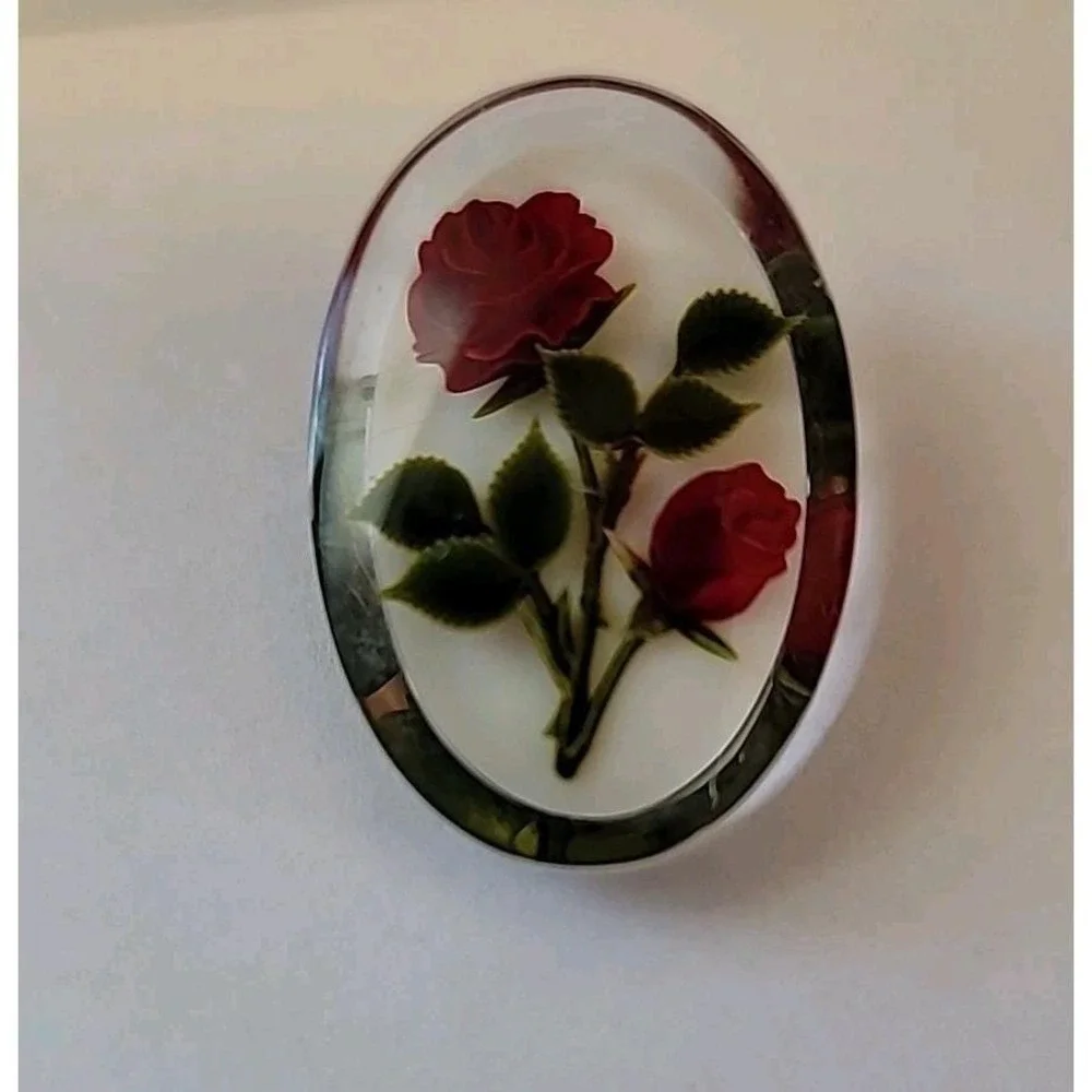 Vintage Oval Lucite Pin Brooch With Reverse Hand‎ Carved Red Roses Gem Tone